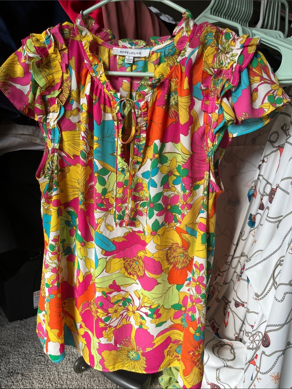Rose & Olive - Tropical Floral Ruffle Sleeve Tie-Neck Top - Pink, Yellow, Teal